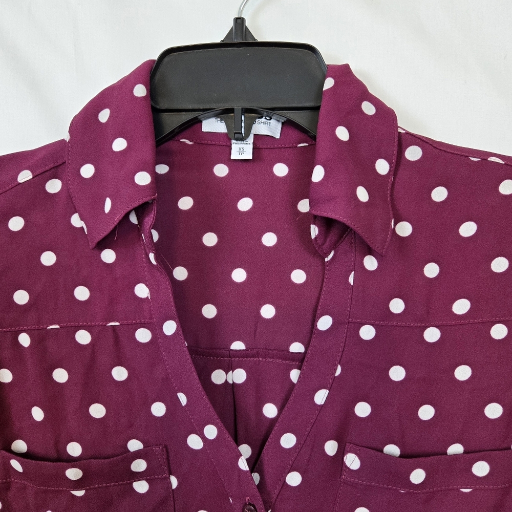 Express Womens Slim Fit Portofino Burgundy Polka Dot Long Sleeve Chiffon‎ Top XS - Picture 2 of 10